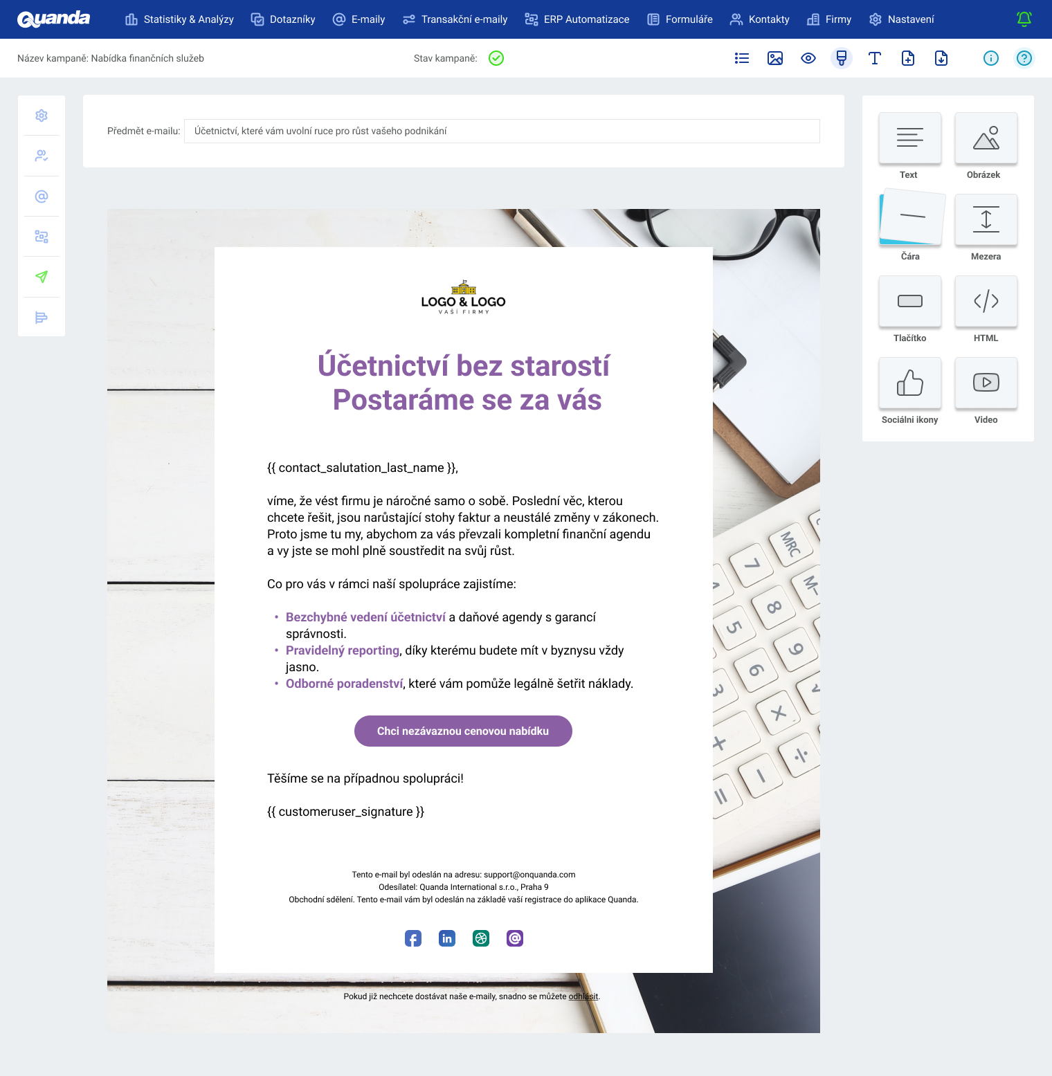 Quanda pre B2B, e-mail editor