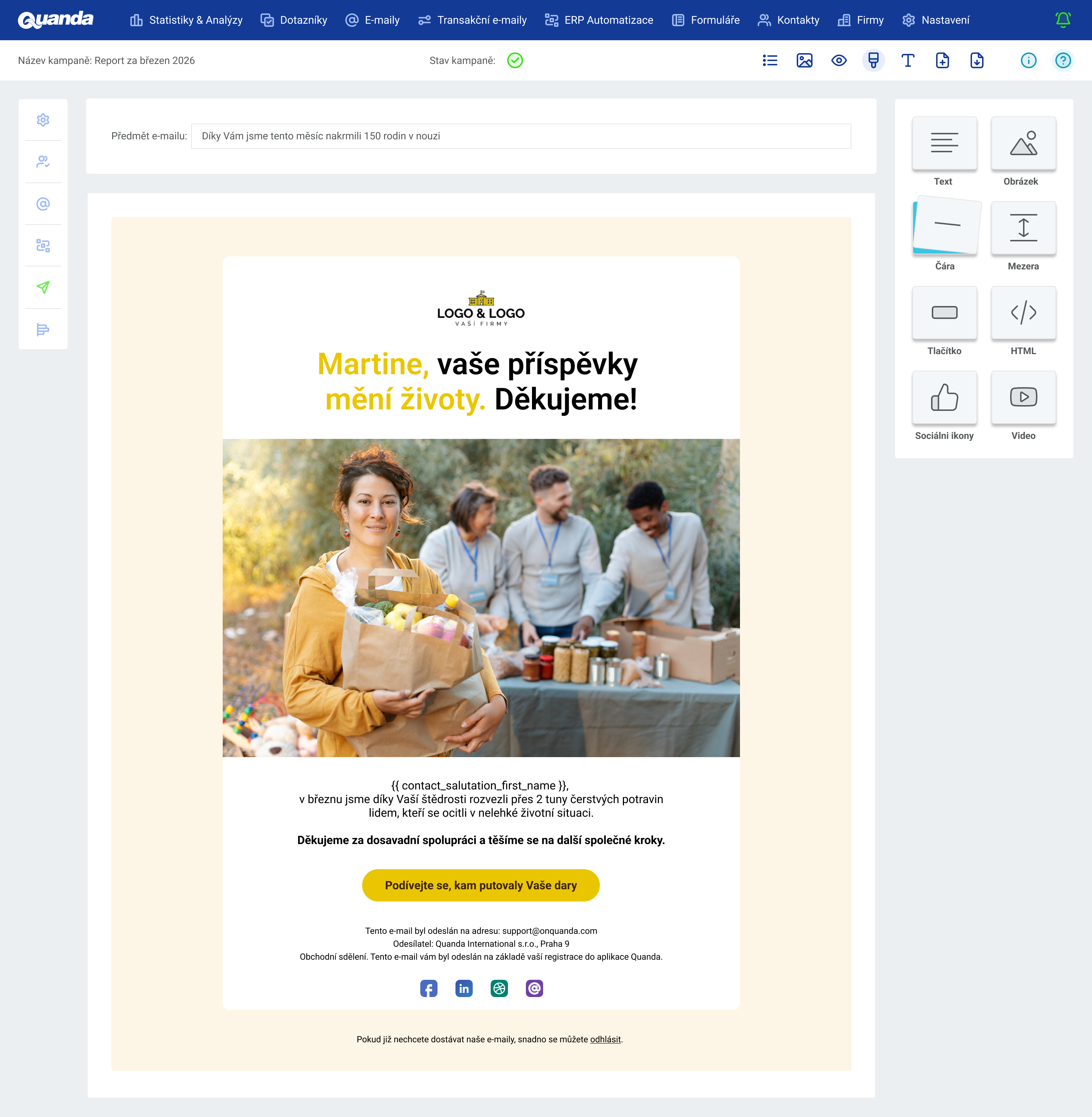 Quanda pre neziskové organizácie, e-mail darcom